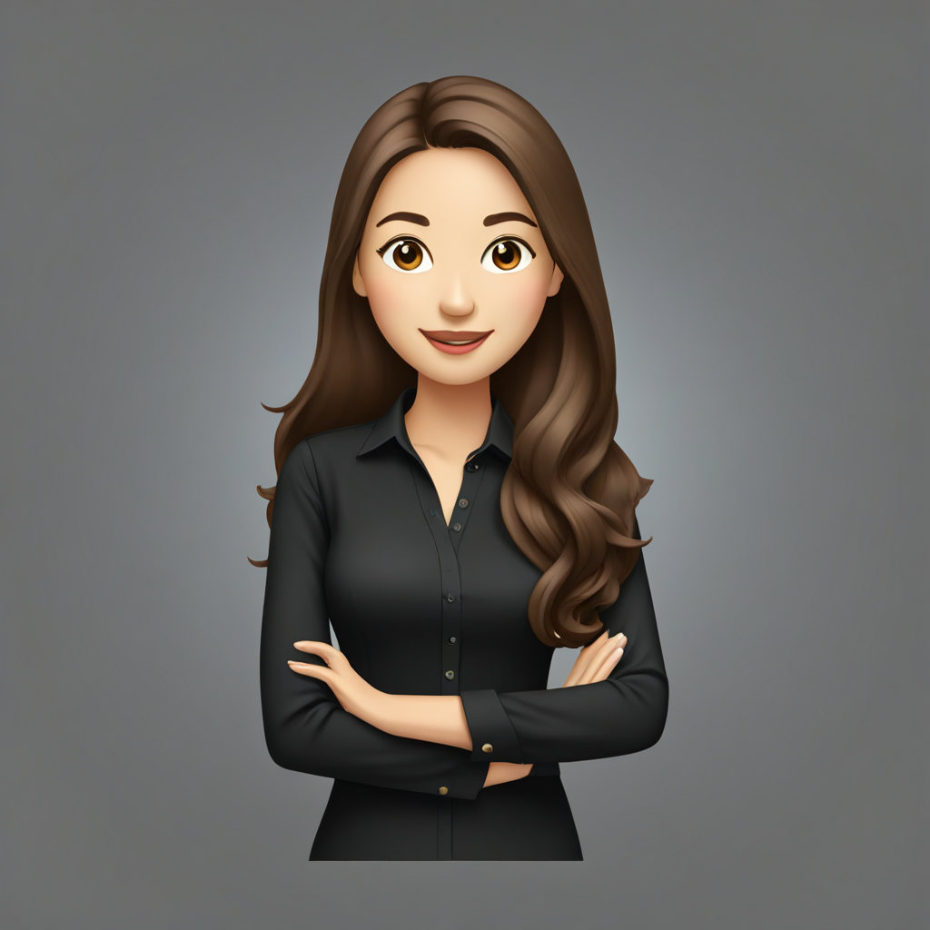 Brown long hair, black long-sleeved blouse, designer, teaching behavior, smiling Asian woman