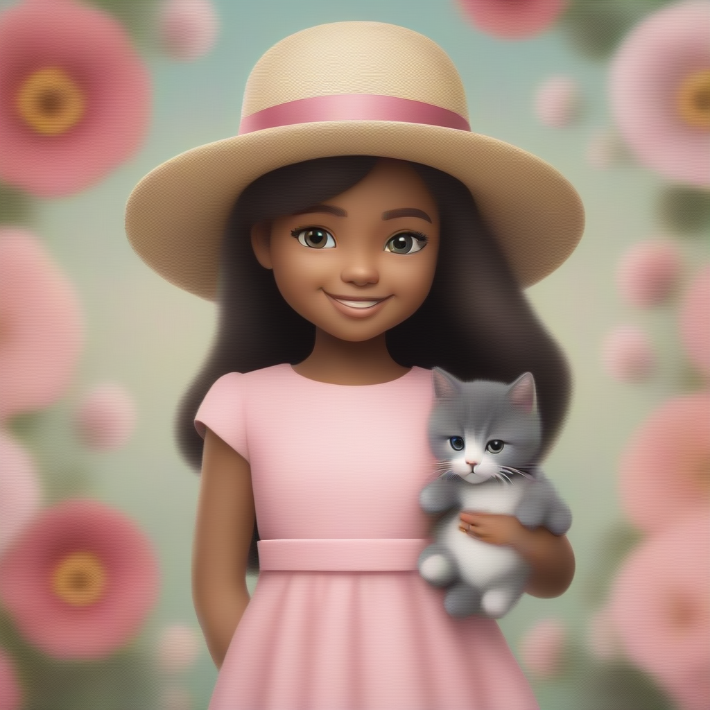 a cute little girl in pink frock and a hat holding a cute cat in her hands , surrounded by flowers of different colors