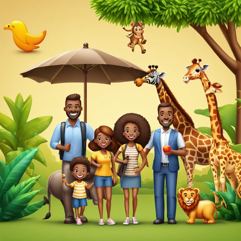 a  happy family in a zoo next to the giraffes , a monkey swinging from trees , elephant, lion, zebra , parrot