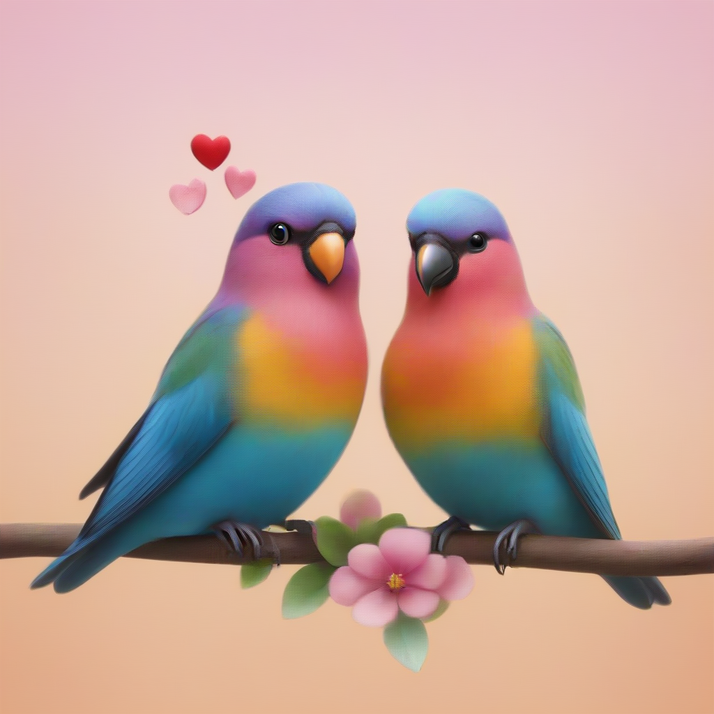 Love Birds: A pair of whimsical, colorful birds sitting on a branch, surrounded by hearts and flowers.