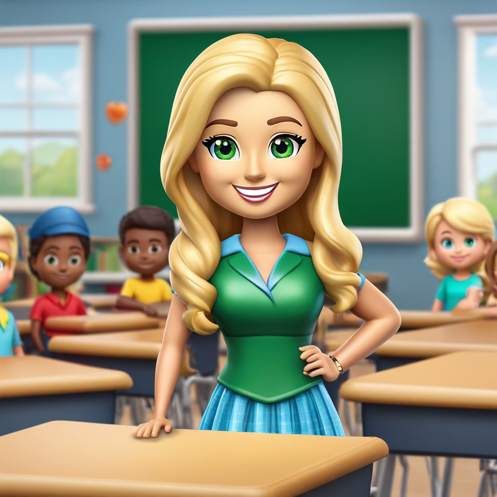 Teacher with blonde hair and green eyes wearing a dress in a kindergarten classroom