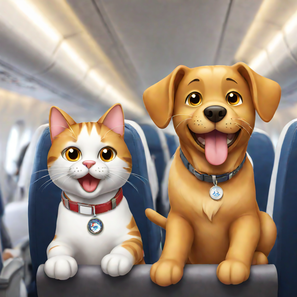 a happy cat and an exciting dog, literally sitting on an airplane, feeling exciting being travel around the world