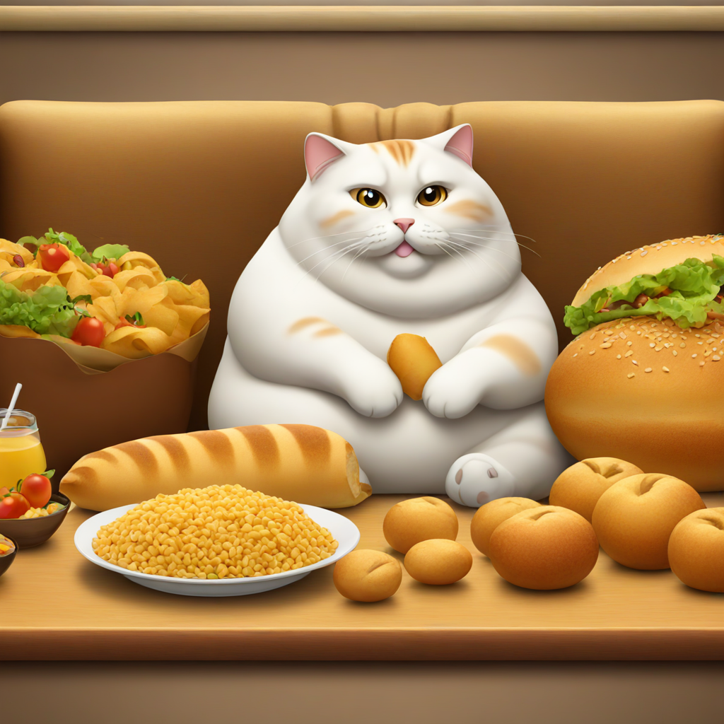 a very fat cat sitting on a coach surounded by food