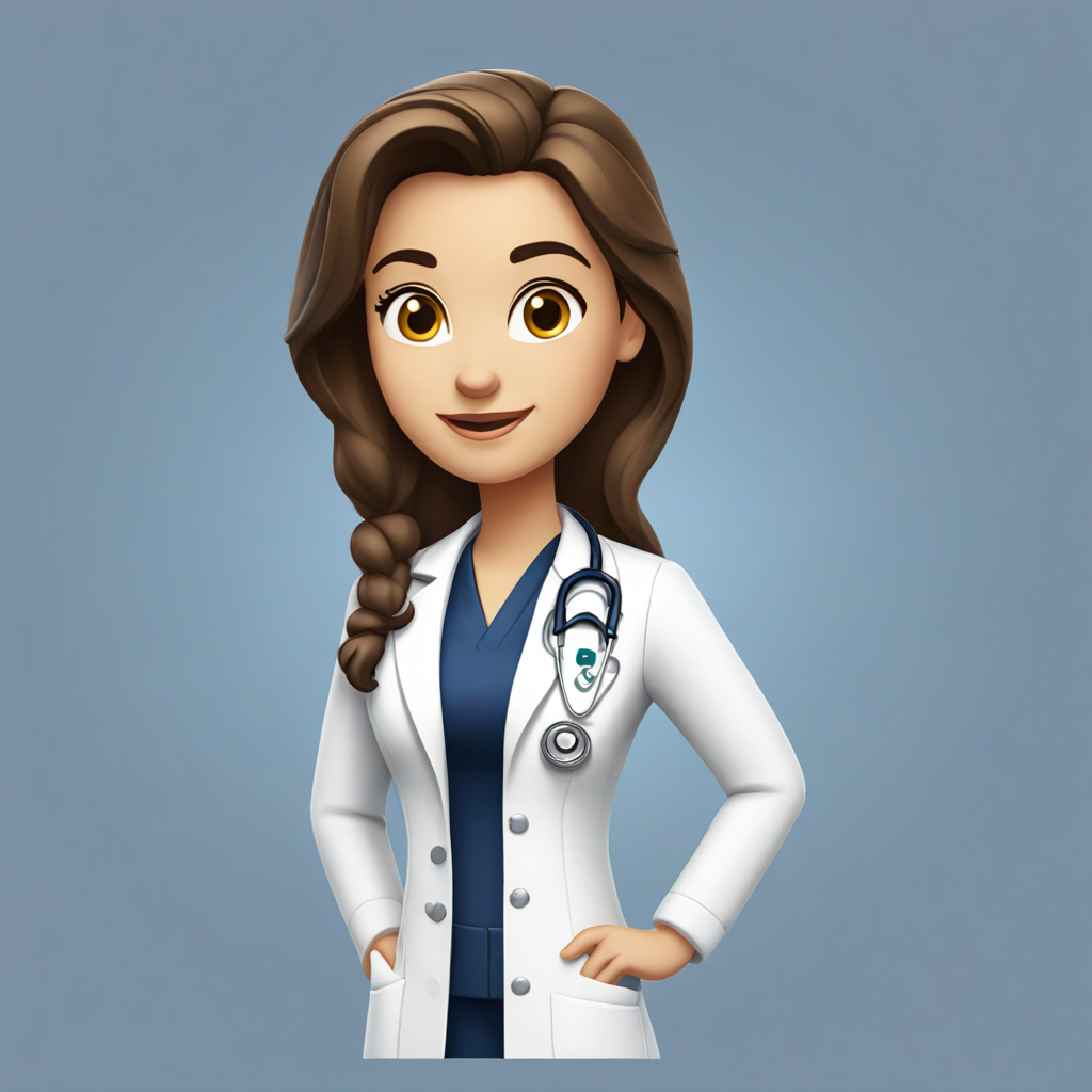 make a disney-pixar style, depict a youngish caucasian brunette female  doctor wearing white coat and stethoscope giving advice. she is by herself with a clear background. there is no one else in the picture. she is wearing a navy dress underneath the white coat